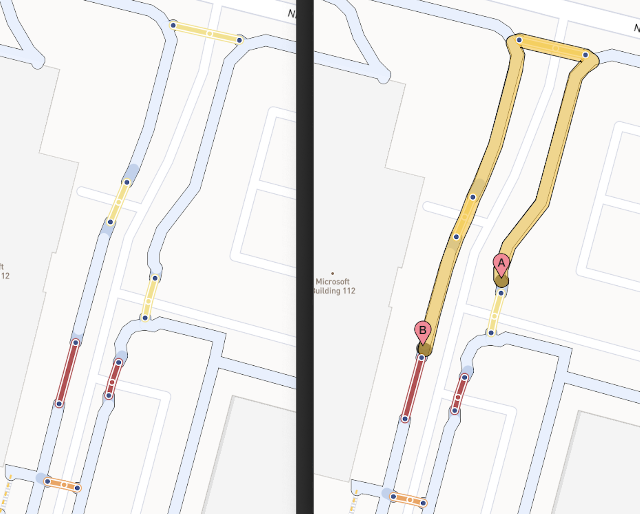 A screenshot of a route in AccessMap that prioritizes safer crossings; the route on the right uses crossings with stop signs as opposed to yield signs or no traffic control.