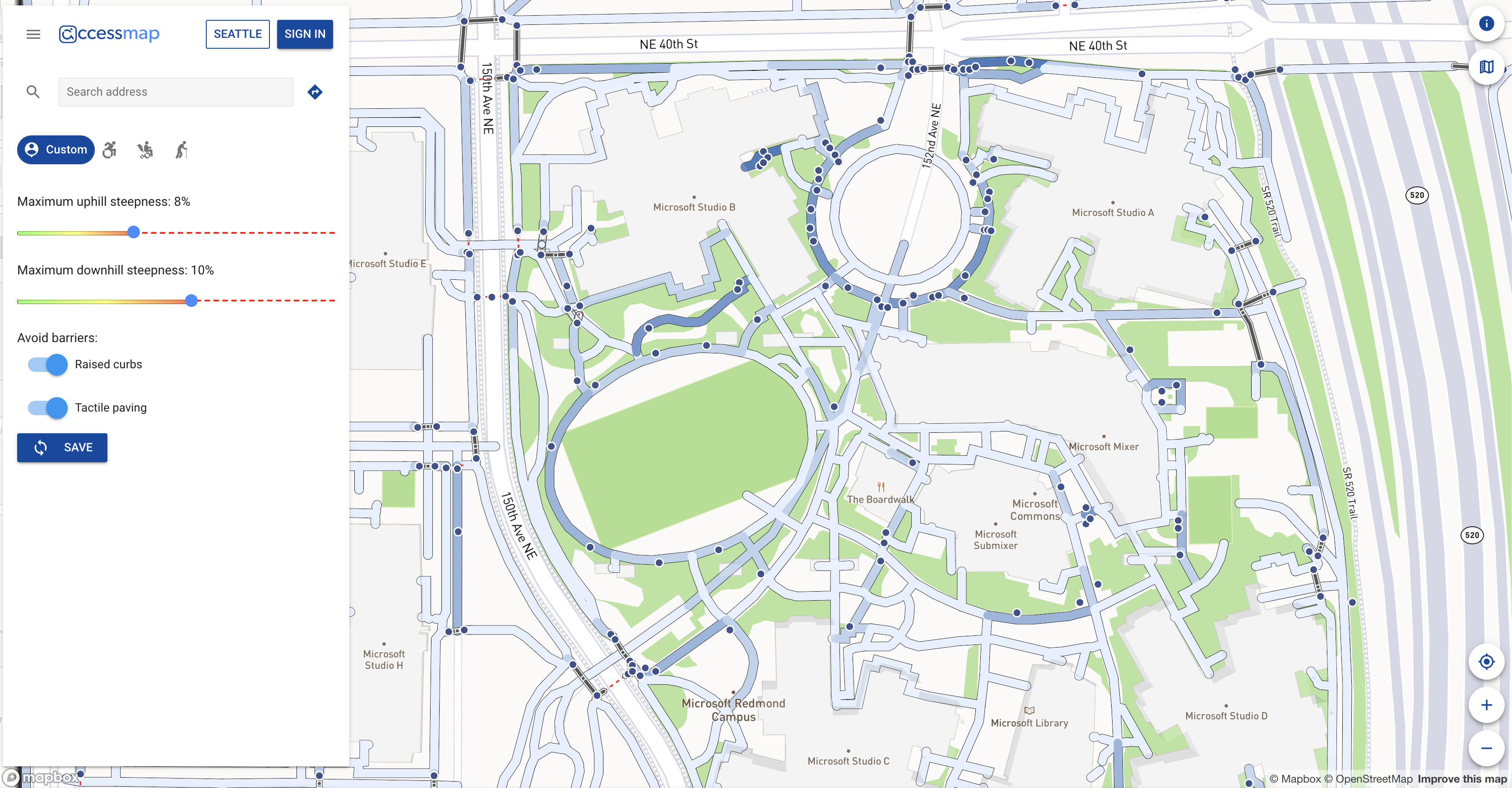 A screenshot of the AccessMap application, with edges colored according to how many landmarks are nearby.