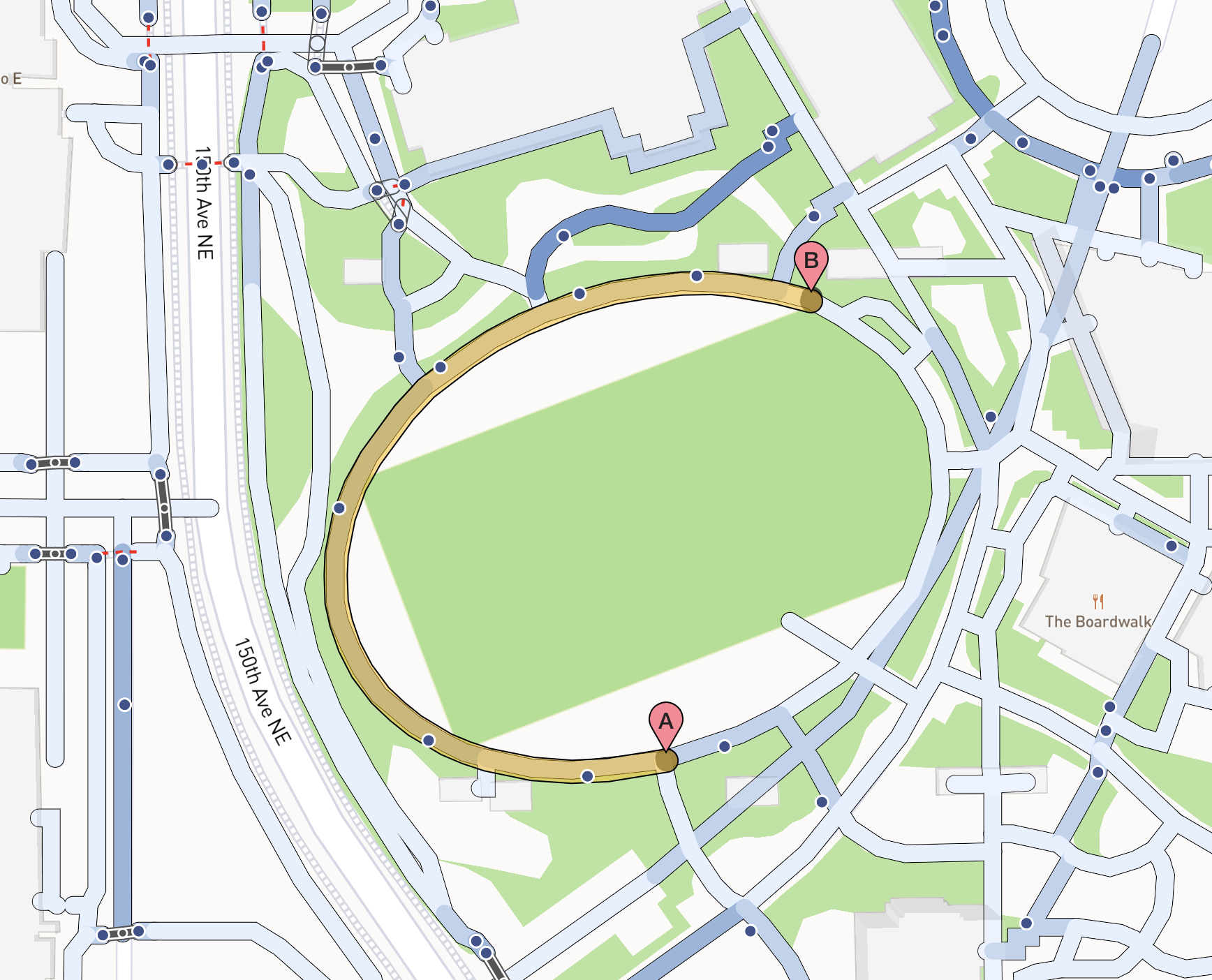A screenshot of an AccessMap route that prioritizes edges with more landmarks.