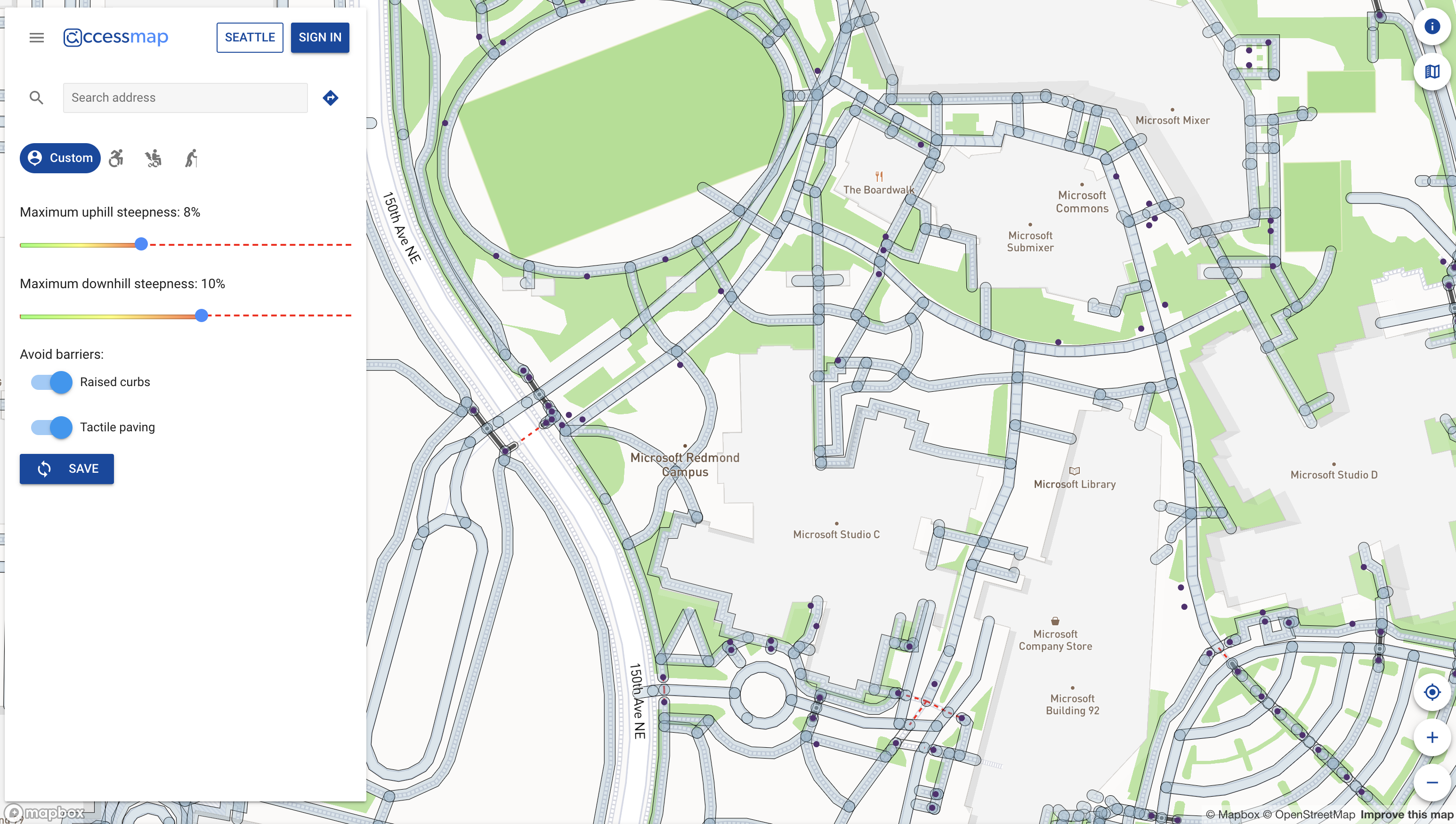 A screenshot of AccessMap with all pedestrian paths highlighted in light blue and all point data (ex. benches, street lamps) demarcated with purple circles.