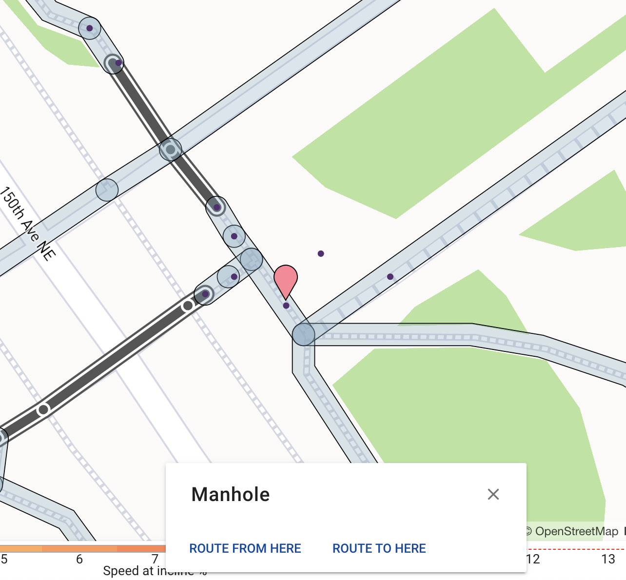 A screenshot of AccessMap with a point clicked on and its corresponding description, manhole.