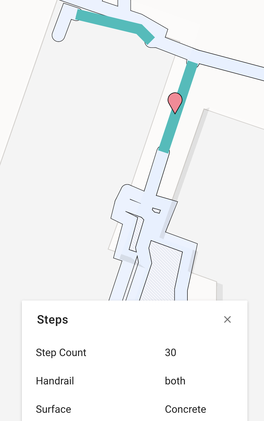 A screenshot the information displayed when steps are clicked on in AccessMap. This information includes the step count and the handrail status.